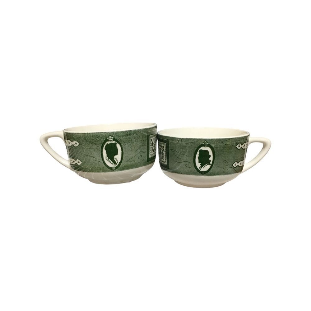Set of 4 Green and White Colonial Homestead Teacups